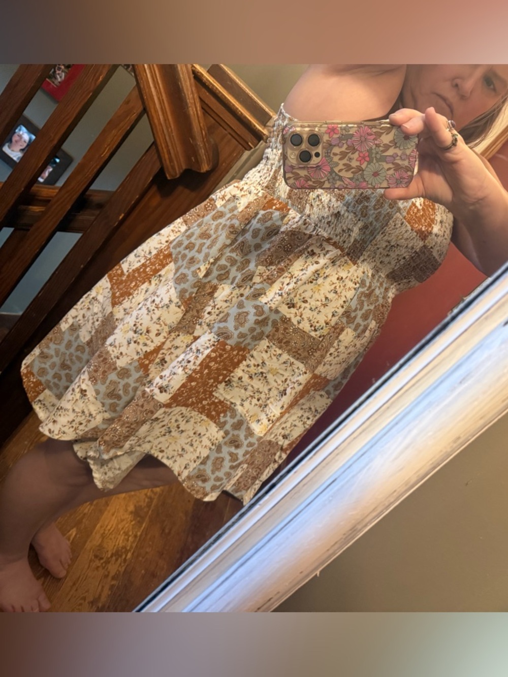 Asymmetrical Patchwork Sundress in Cream and Brown -New-Boutique - Picture 4 of 7